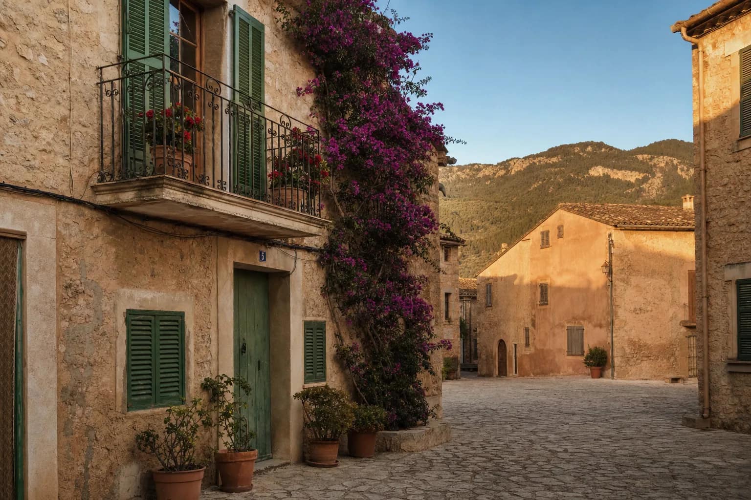 Casa de pueblo mallorquina con buganvilla